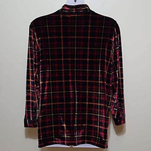 Plaid Velvet Button Up Blouse Holiday Top Christmas Stretch Plus Size 1X - Picture 11 of 12